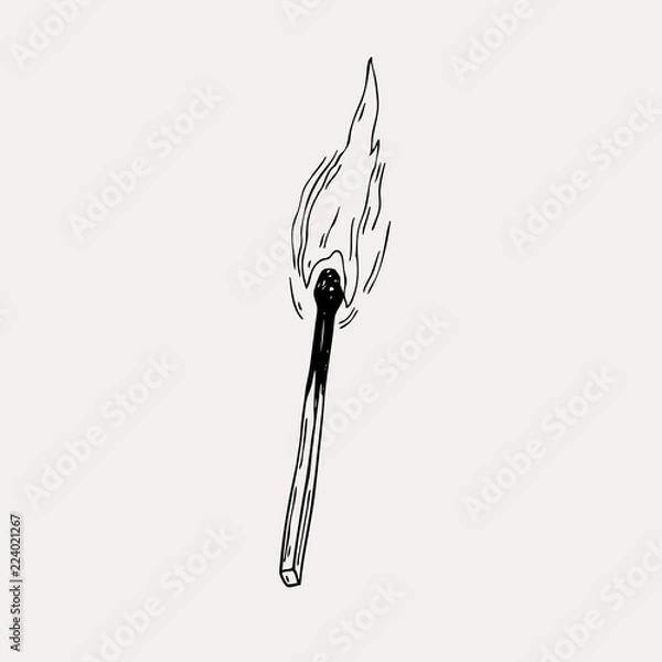 Fototapeta Vector hand drawn burning match. Graphic match with fire.