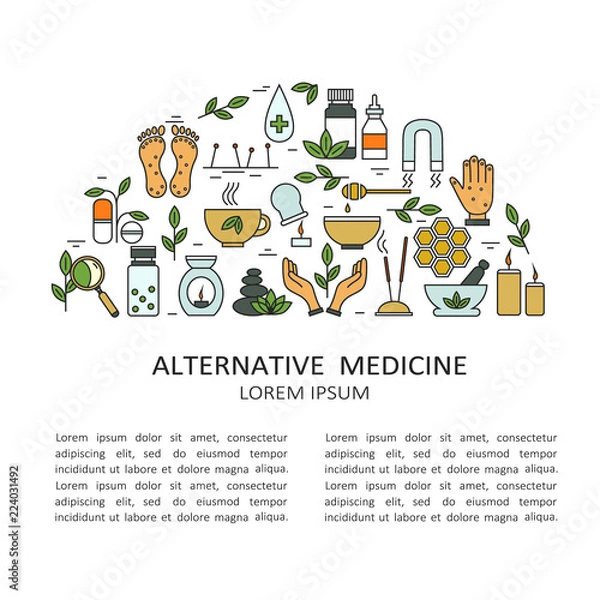 Fototapeta Big set of symbols of alternative medicine. Modern thin line icons collection, flat style. Vector background, colorful elements group. Illustration with medical icon, logo design. Place for text here