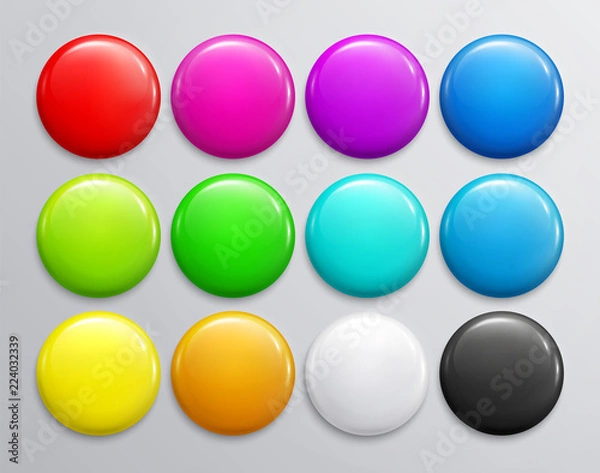 Fototapeta Big set of colorful glossy badge or button. 3d render. Round plastic pin, emblem, volunteer label. Vector.