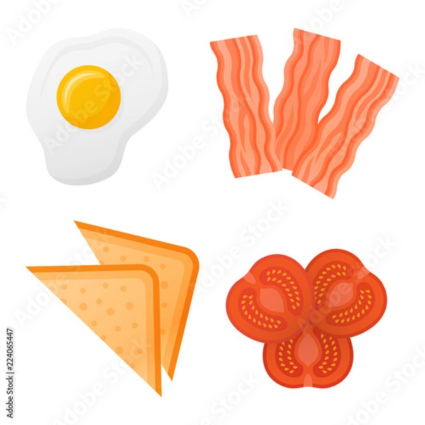 Obraz Set of breakfast ingredients isolated on white background. Toasted bread, tomato slices, bacon strips and fried egg. Top view. Vector illustration.