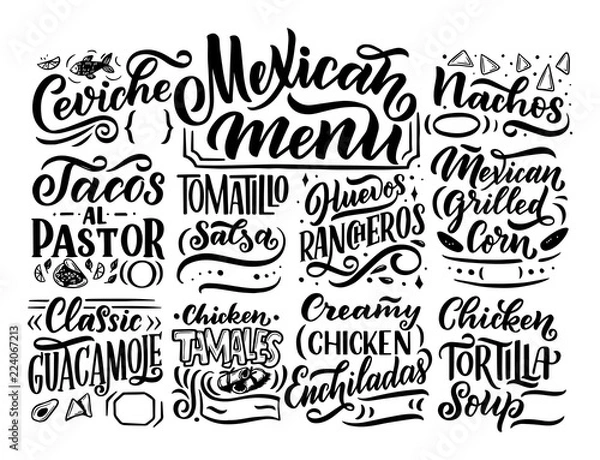 Fototapeta Mexican Menu lettering with traditional food names Guacamole, Enchilada, Tacos, Nachos and more. Vector vintage illustration on background