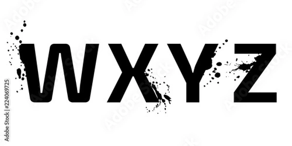 Fototapeta The characters of the alphabet, creative letters w, x, y, z with brush strokes, drops, splashes of ink and spray. Characters of English alphabet. Vector modern design elements for your art