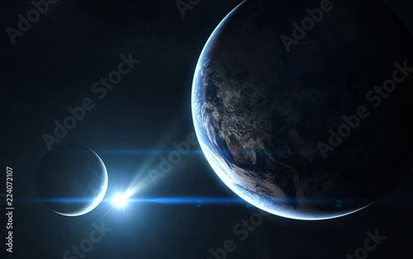 Fototapeta Earth and moon in blue sunlight. Abstract science fiction. Elements of the image are furnished by NASA
