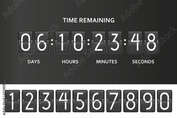 Fototapeta Flip countdown clock counter timer. Time remaining count down board with scoreboard of day, hour, minutes and seconds. Under constuction page template. Vector illustration