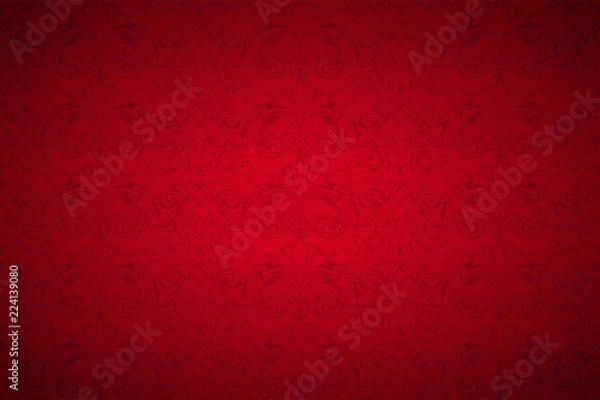 Fototapeta Czerwone tło vintage, królewskie z klasycznym barokowym wzorem, rokoko z przyciemnionymi krawędziami karta w tle, zaproszenie, baner. format poziomy