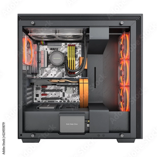 Fototapeta Open computer with red lighting effects and water cooled cooling system on white background 3d render without shadow