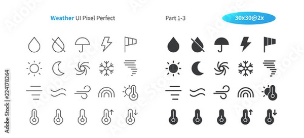 Fototapeta Weather UI Pixel Perfect Dobrze wykonane cienkie linie wektorowe i solidne ikony 30 2x siatka dla grafiki internetowej i aplikacji. Prosty minimalny piktogram część 1-3