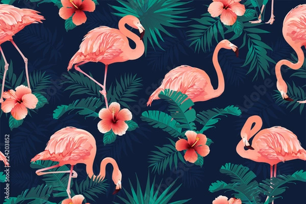 Obraz Piękny Flamingo Ptak Tropikalne Kwiaty Tło. Wektor wzór.