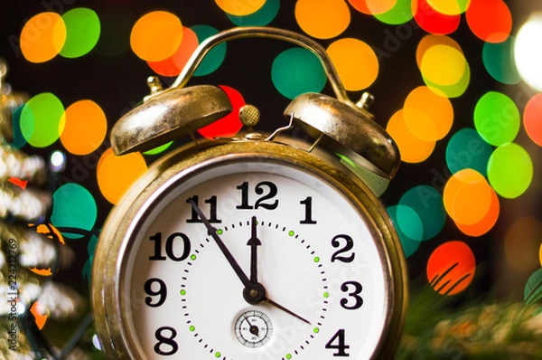 Obraz Vintage clock and Christmas lights
