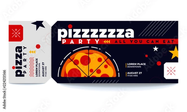 Fototapeta Food Event/Party entrance vector tickets templates. Ticket for entrance to the Pizza Party. Modern elegant illustration template of Ticket Card. Vector Pizza. Food Voucher Concept