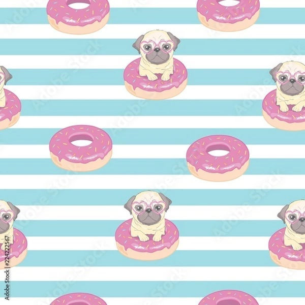 Fototapeta Pink seamless pattern with funny french bulldog and donut.