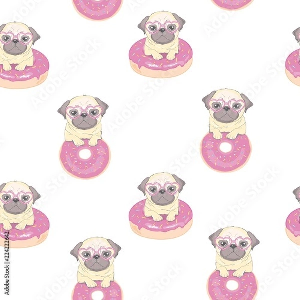 Fototapeta Pink seamless pattern with funny french bulldog and donut.