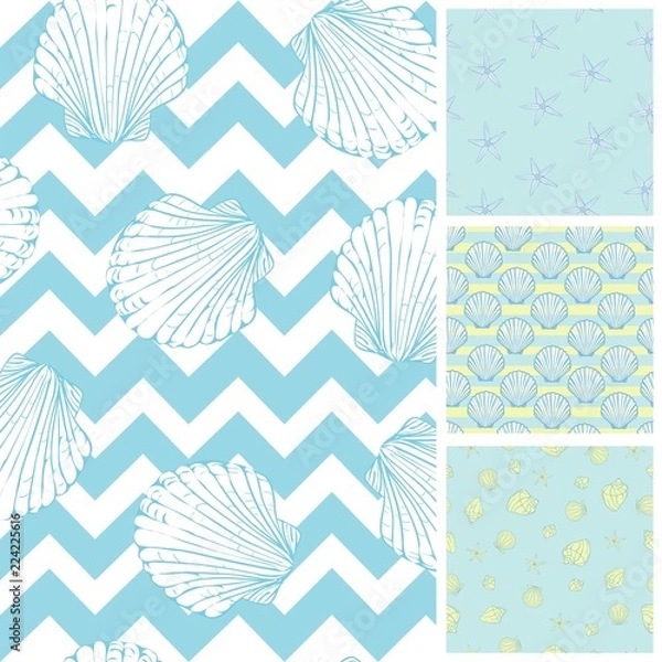 Fototapeta Set of sea and nautical seamless patterns in white and pale blue colors. Vector illustration.