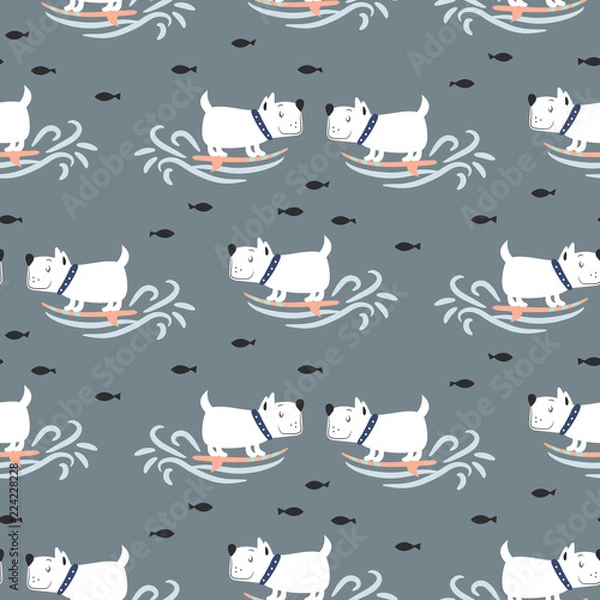 Obraz Pattern with cute surf puppies blue sea background.