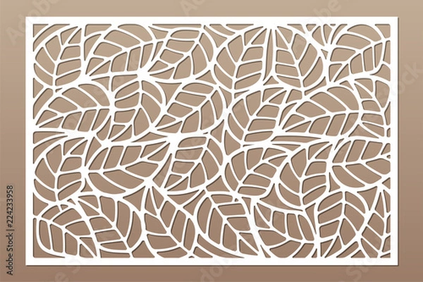 Fototapeta Decorative card for cutting. Leaves foliage
 pattern. Laser cut. Ratio 2:3. Vector illustration.