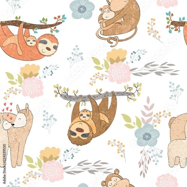 Fototapeta Seamless pattern. Vector animals mums and babies.