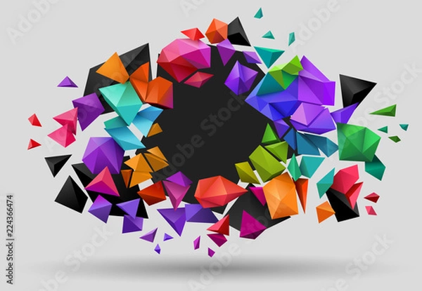 Fototapeta Tło low poly, kolorowe roztrzaskane elementy eksplodują na zewnątrz, z miejscem na tekst, wektor eps10