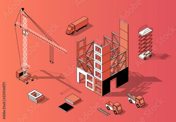 Fototapeta Vector 3d isometric construction site concept with unfinished building, crane and transport. Building exterior in orange colors, black thin lines. Urban tower with shadow. Industrial background.