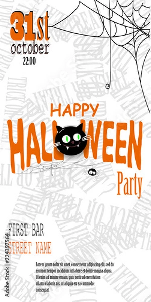Fototapeta Happy Halloween invitation card with spiderweb and text.