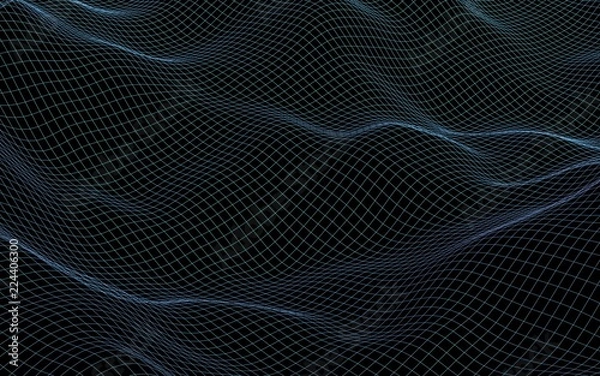 Fototapeta Abstract landscape on a dark background. Cyberspace gray grid. Hi-tech network. 3D illustration