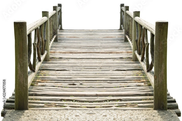 Obraz Old and dirty wood bridge isolated on white background.