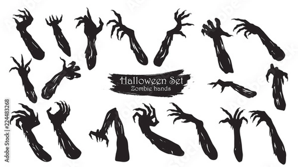 Obraz Spooky zombie hands silhouette collection of Halloween vector isolated on white background. scary, haunted and creepy arm element