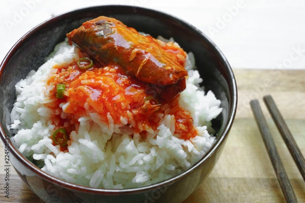 Obraz Rice with tomato sauce Top view and empty space