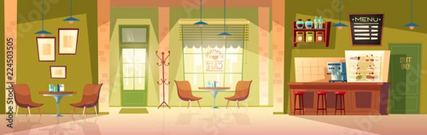 Obraz Vector cartoon cafe room - przytulne wnętrze z ekspresem do kawy, stołem i miejscami dla klientów. Drewniane meble stołówki, krzesła i tablica do menu. Tło z drzwiami, oknem i lodówką.