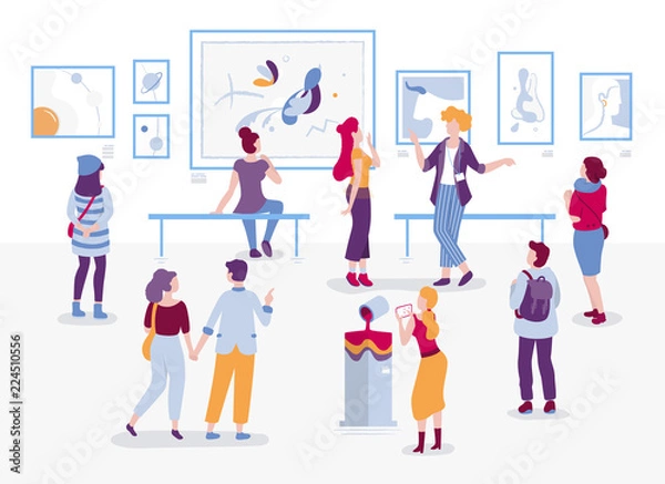 Fototapeta Art gallery with visitors looking at paintings vector flat illustration. People at the exhibition cartoon characters in modern art style. Men and women tourists and guide at the museum of arts.