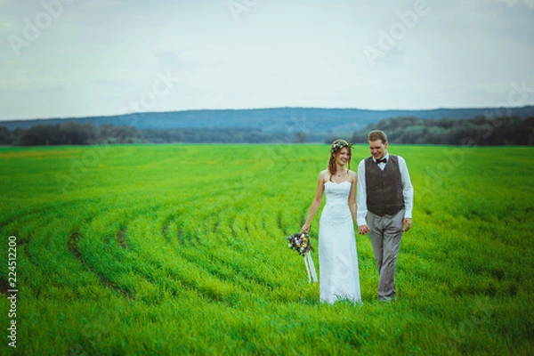 Fototapeta bride and groom stand on the background of the field