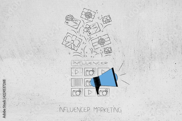 Fototapeta influencer website and megaphone metaphor with gifts and PR items above