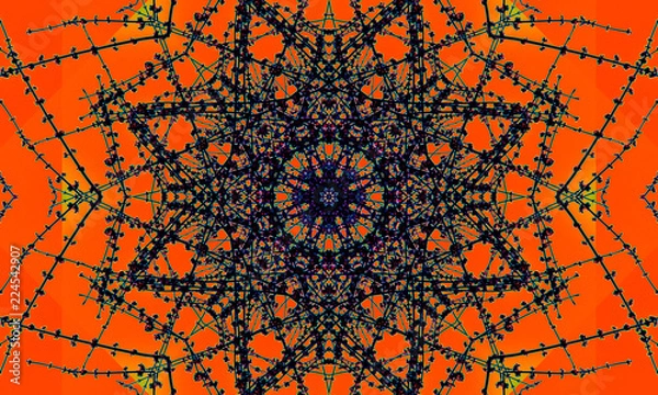 Obraz Black star-shaped mandala pattern in front of a bright orange background.