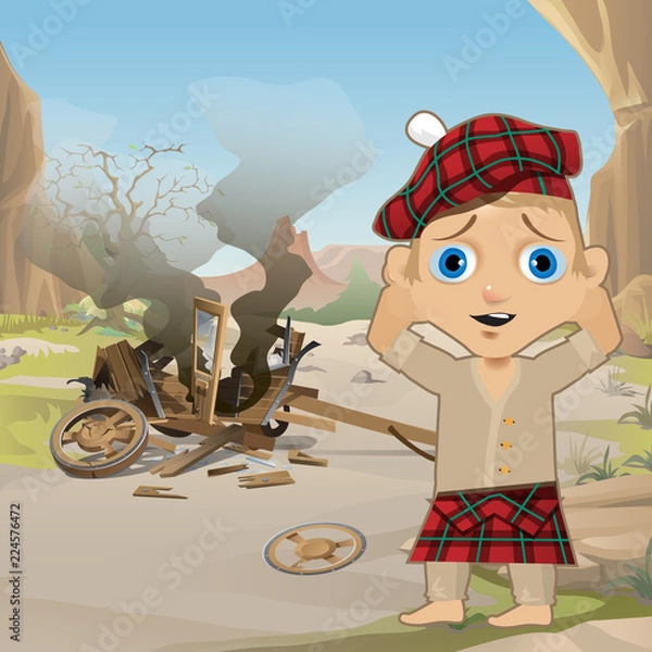 Obraz Cute Poster in Wild West Style. Young Man in Traditional Scottish Red Tartan Bonnet, Tam o' Shanter, stands, holding his head, next to the collapsed wooden cart. Western style. Vector cartoon close-up