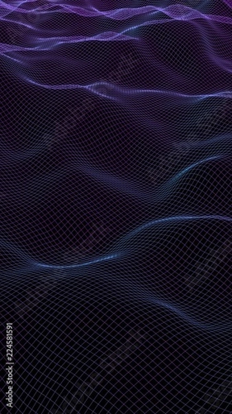 Fototapeta Abstract landscape on a dark background. Cyberspace navy blue grid. Hi-tech network. 3D illustration