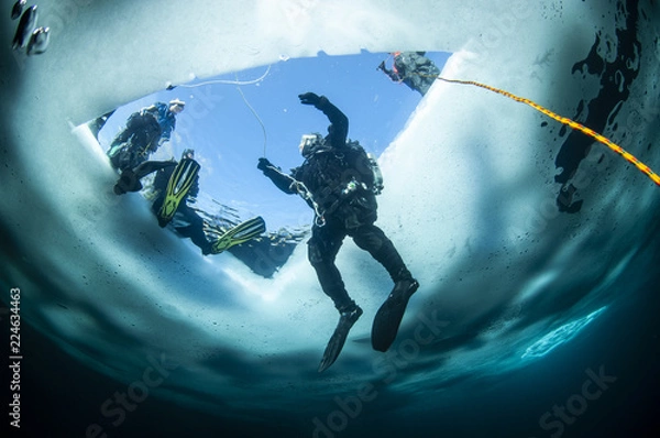 Fototapeta Winter ice diving underwater in a quarry in Canada