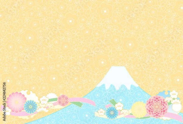 Fototapeta 和柄　背景　富士山　縁起花
