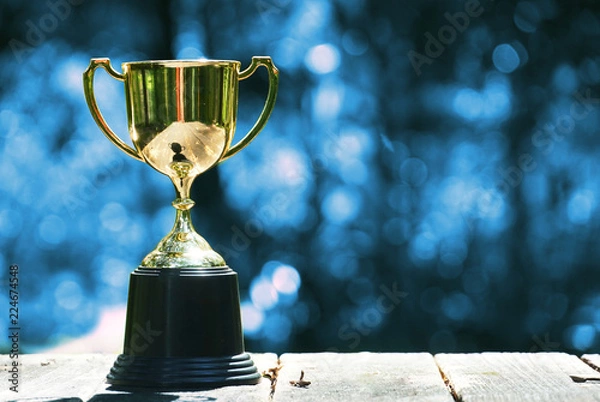 Obraz Trophy on wood table with blue bokeh background , win concept