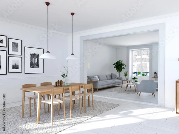 Fototapeta modern nordic dining room in loft apartment. 3D rendering