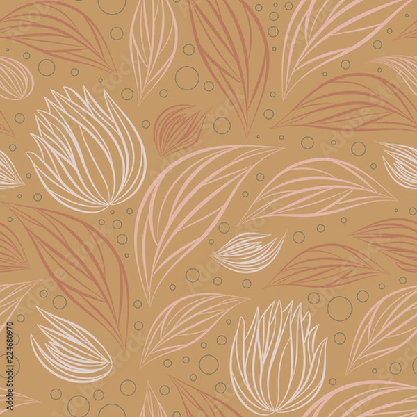 Fototapeta Seamless vector floral pattern with abstract outline flowers in pastel colors