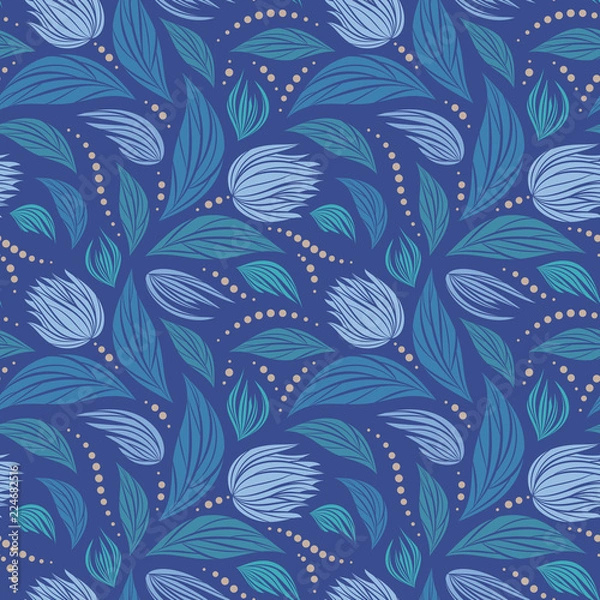 Fototapeta Seamless vector floral pattern with abstract flowers in blue colors