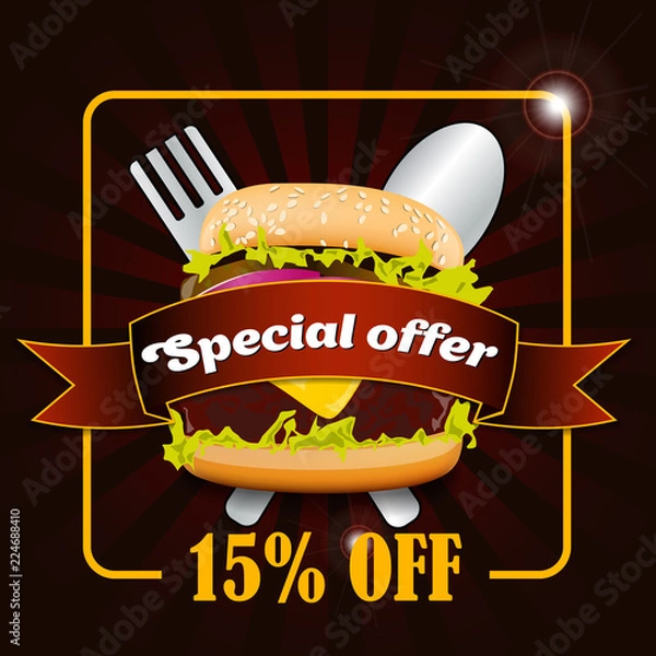 Obraz Burger Discount Fast food sale flyer design vector template in A4 size. Burger brochure and Layout Design. food concept.