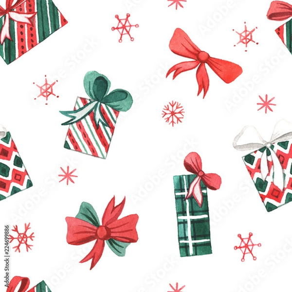 Fototapeta The pattern with watercolors New Year's decorations, gifts and sweets.
