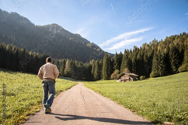 Fototapeta a man alone walks towards a mountain forest