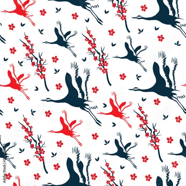 Fototapeta Seamless floral pattern vector colorful illustration isolated on white background, Japanese symbol blossom sakura flower, crane flying, bamboo for design decorative textile, natural cosmetic wallpaper