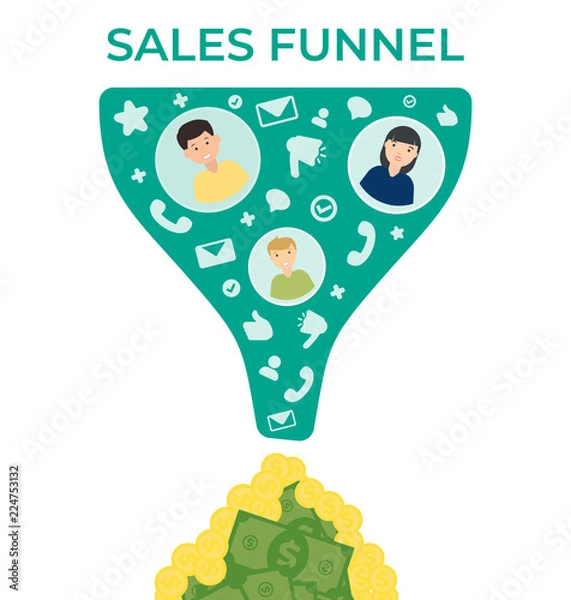 Fototapeta sales funnel vector flat illustration .Business template. Modern background. Money making strategy.