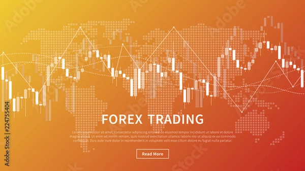 Fototapeta Candle stick chart of financial market trade vector banner. Forex trading graph with world map for fintech project graphic design.

