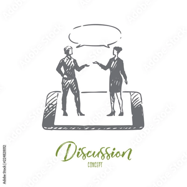 Fototapeta Discussion, talk, conversation, dialog, person concept. Hand drawn isolated vector.