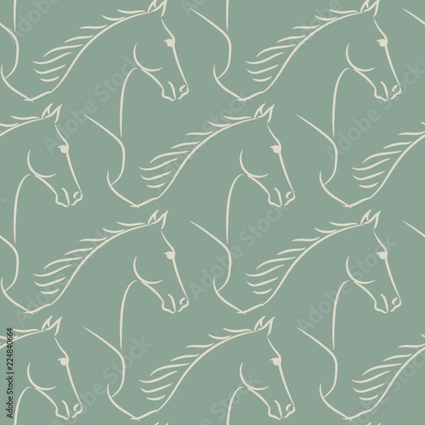Fototapeta Seamless pattern with beige horses, green background. Realistic vector illustration.