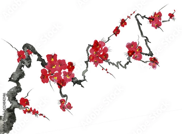 Obraz A branch of a blossoming tree. Pink and red stylized flowers of plum mei, wild apricots and sakura . Watercolor and ink illustration in style sumi-e, u-sin. Oriental traditional painting.