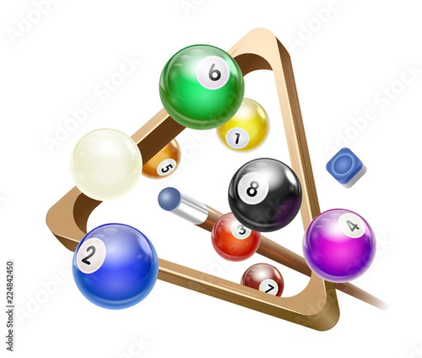 Fototapeta Flying Billiard Ball with Triangle Rack Vector illustration Ready for Cards, Posters. Pool Snooker Games.